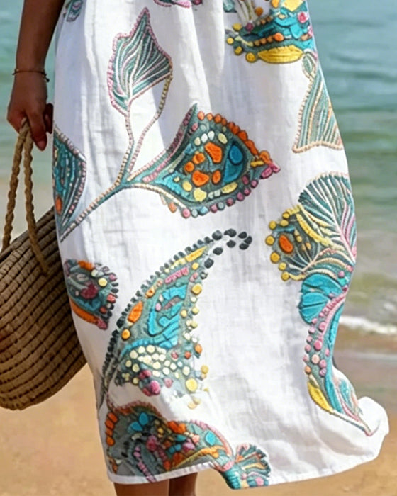 Print Round Neck Shirred Casual Dress