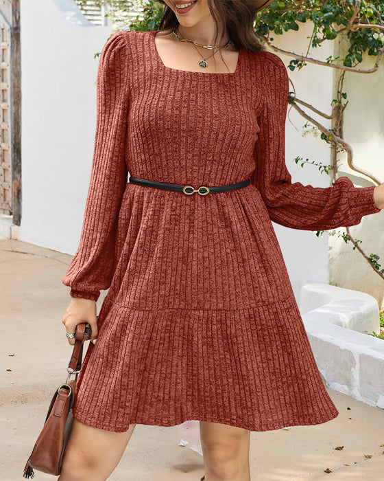 🍂2025 Autumn New Style⏰Women's Square Neck Lantern Sleeve Ribbed Dress