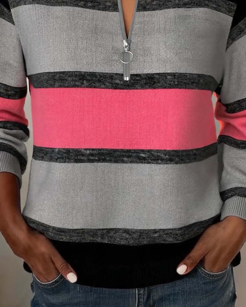 Zip Striped Long Sleeve Sweatshirt