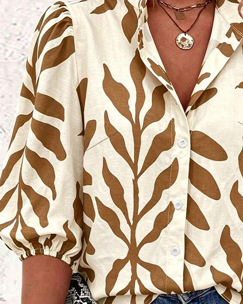 Stand Collar Leaf Print Blouse