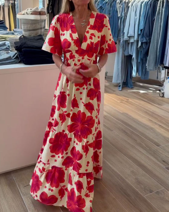 Deep V Resort Waist Printed Dress