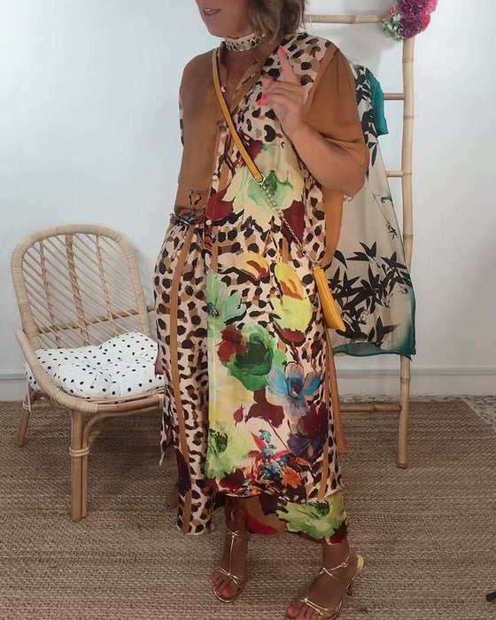 Retro fashion contrasting print two-piece set