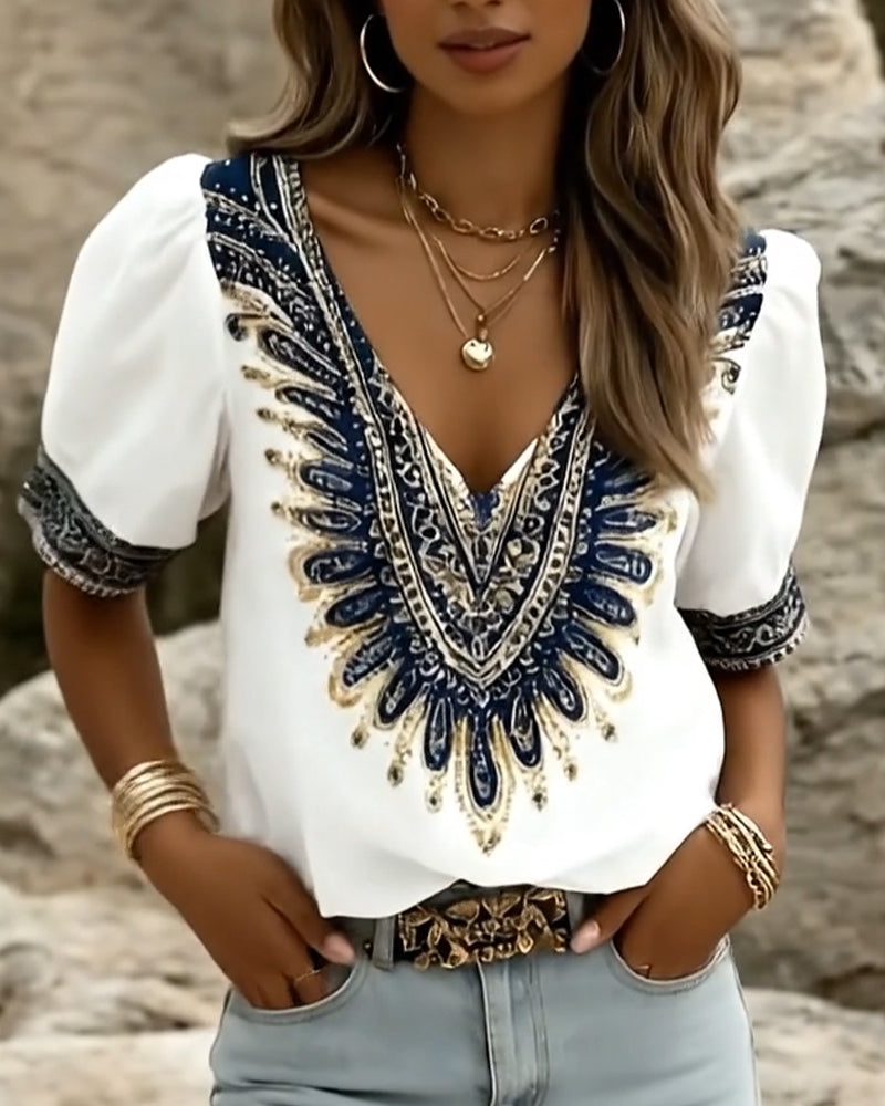 Ethnic Print Puff Sleeve Blouse