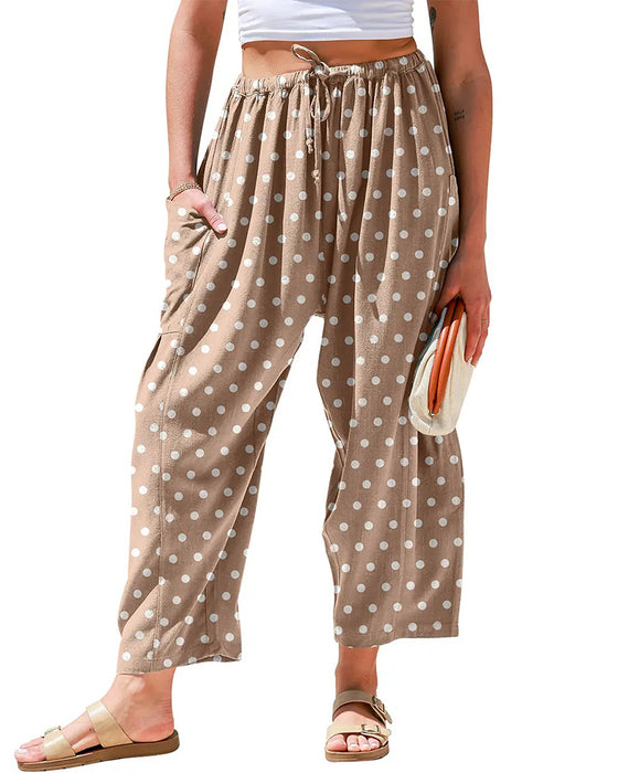 Drawstring Polka Dot Pocket Wide-Leg Cropped Pants