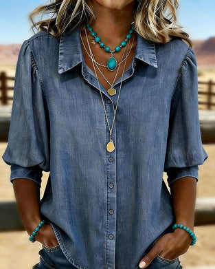 Bubble Short-Sleeved Denim Shirt
