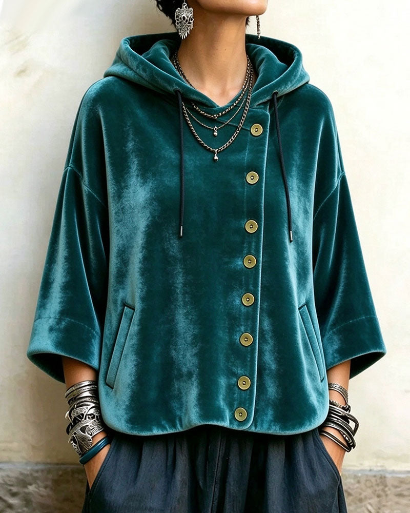 Hooded Half Sleeve Asymmetrical Button Velvet Coat