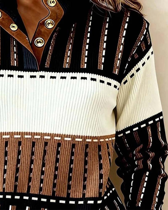 Button Colorblock Striped Pitted Sweatshirt