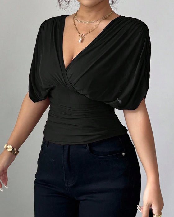 Solid Color Deep V-Nee Waist Short Sleeve Blouse