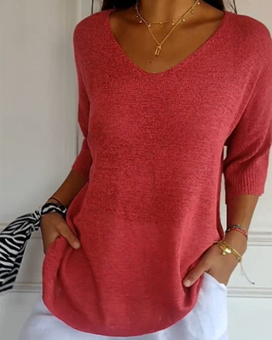 💖 Solid Color Knitted Top With V-Neck