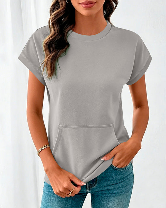 Front Pocket Solid Color Round Neck Blouse