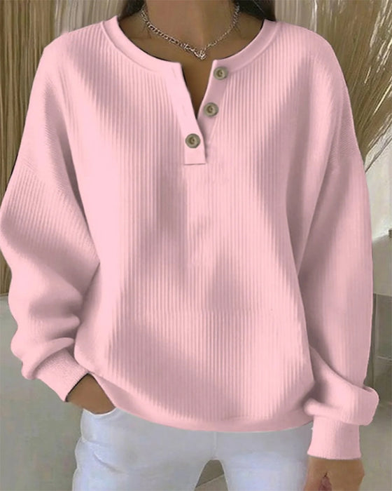 Long-Sleeved Button-Down V-Neck Sweatshirt