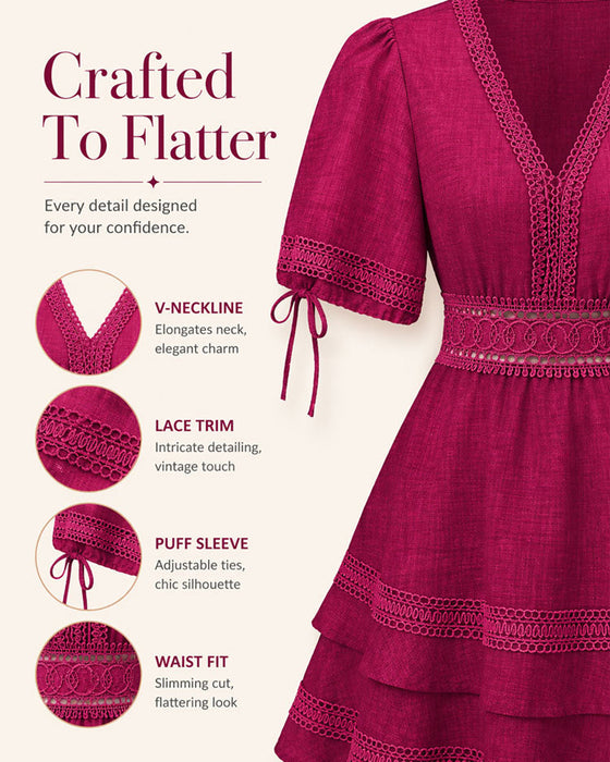 V-Neck Tiered Solid Lace Patchwork Dress