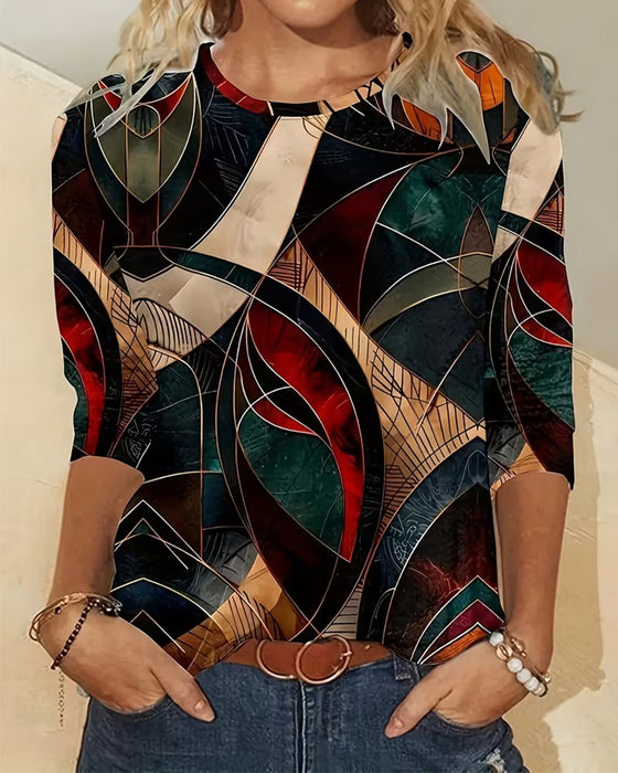 Round Neck Casual Printed Long-Sleeved Top