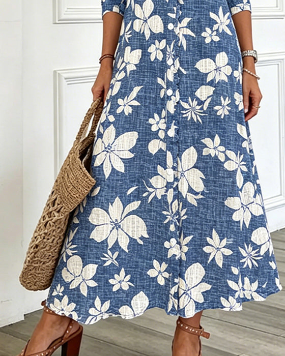 V-Neck Floral Shirt Dress