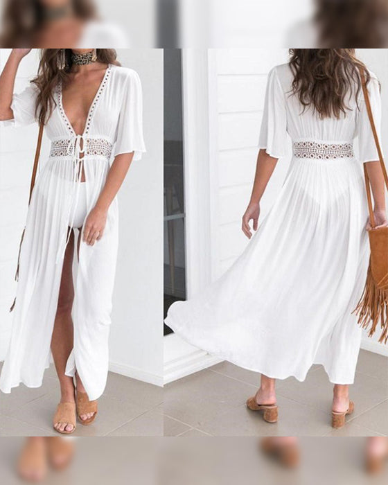 Lace Hollow Out Tie Swimsuit Cover-Up