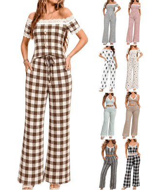 Off-Shoulder Lace Trim Stripe Wide Leg Pants Set