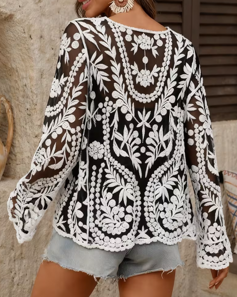 See-Through Long Sleeve Mesh Blouses