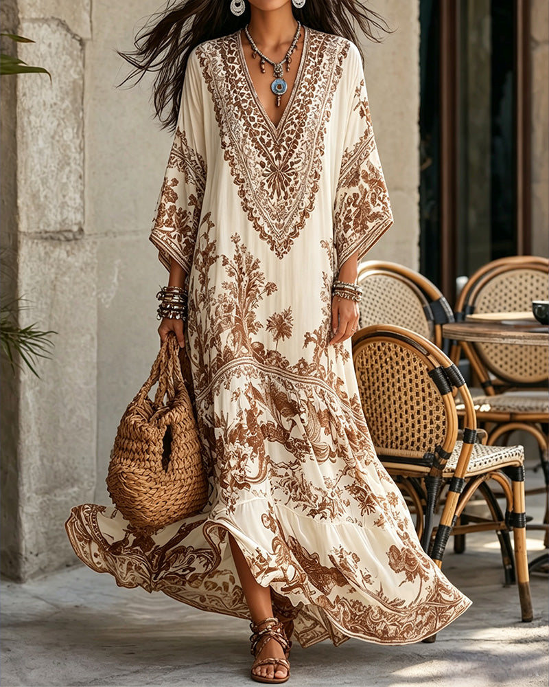 V-Neck Bohemian Flared Asymmetric Dress