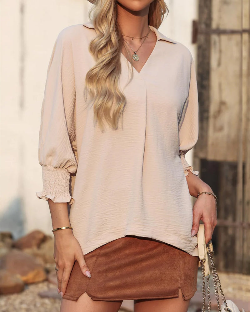 V-Neck Loose Fit Three-Quarter Sleeve Blouse