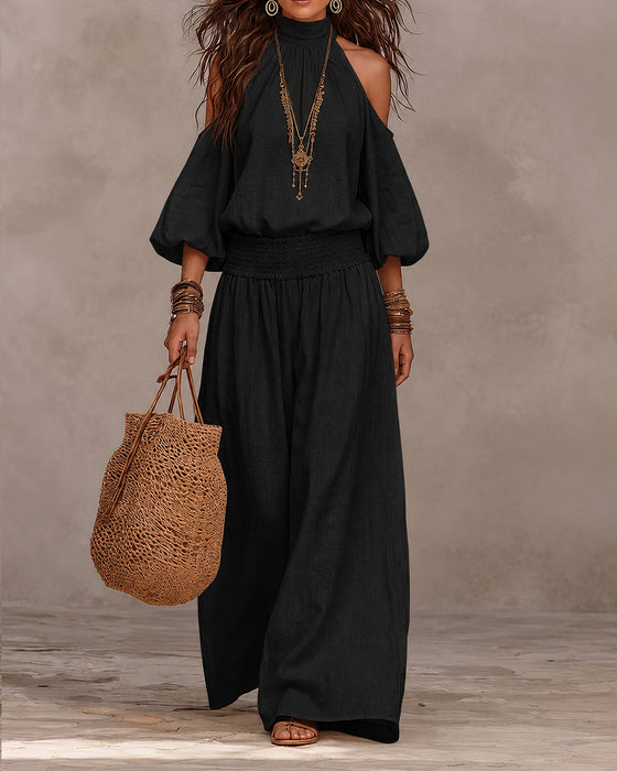 Off-Shoulder Long Sleeve Shirred Pants Set