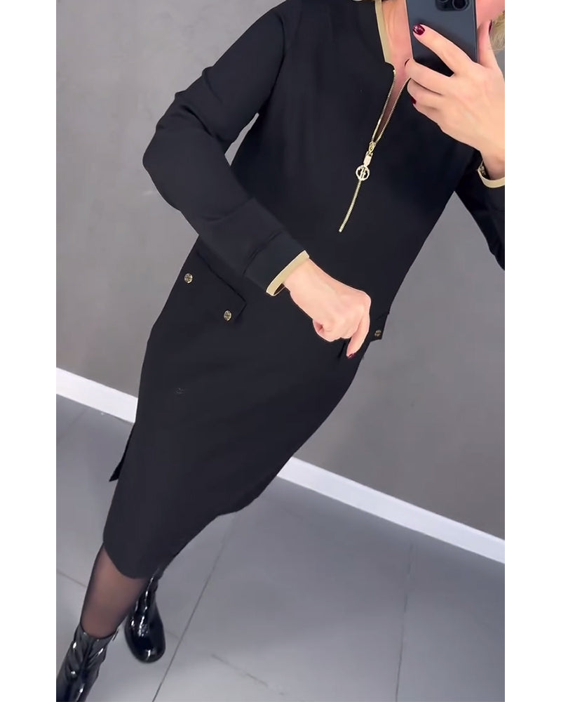 Stand collar contrast zipper shift dress