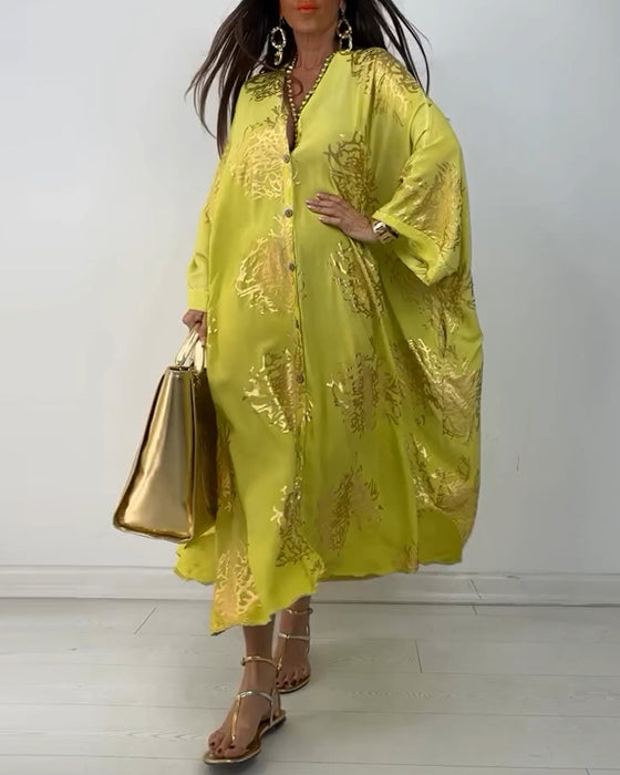 Long sleeve printed button loose dress