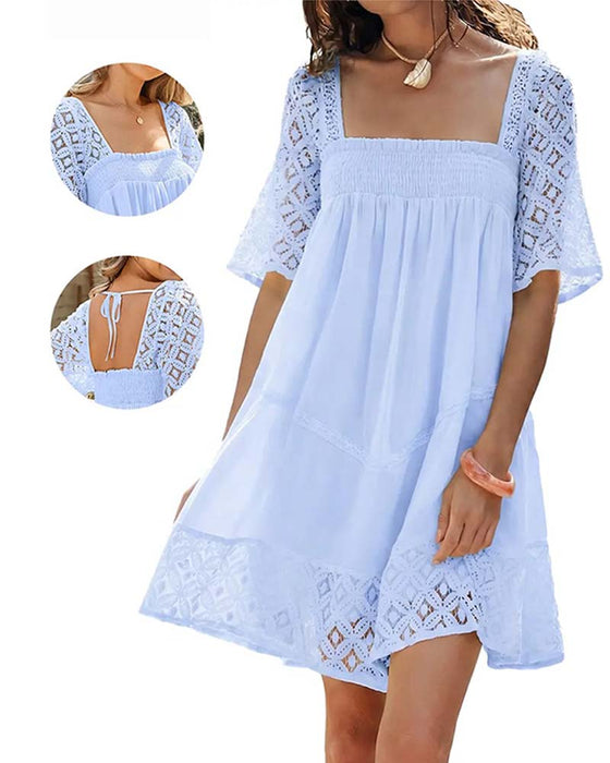 Square Neck Lace Patchwork Solid Dress