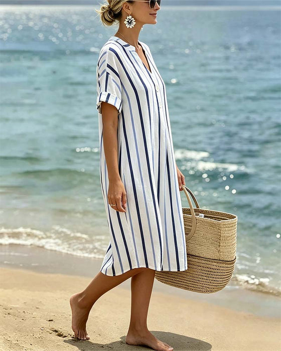 V-Neck Striped Short-Sleeved Dress