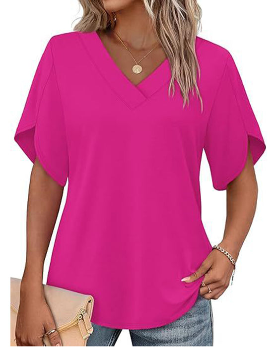 V-Neck Small Slit Short Sleeve Solid T-Shirt