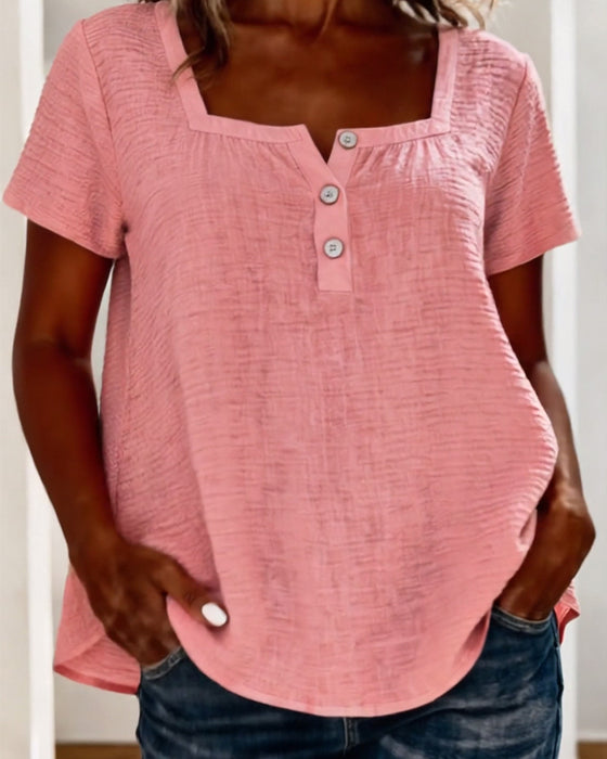 Textured Square Neck Short Sleeve T-Shirt