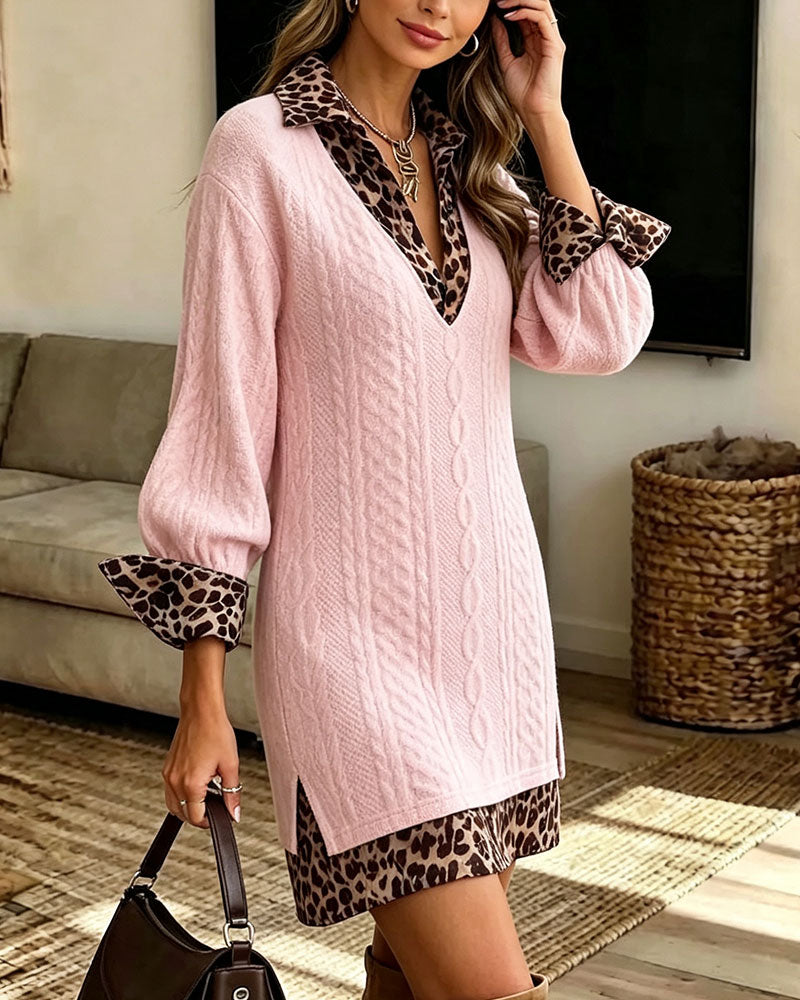 Lapel Leopard Fashion Slit Dress