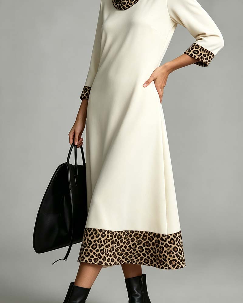 Slouchy Mock Neck Leopard Elbow-Length Sleeve Dress