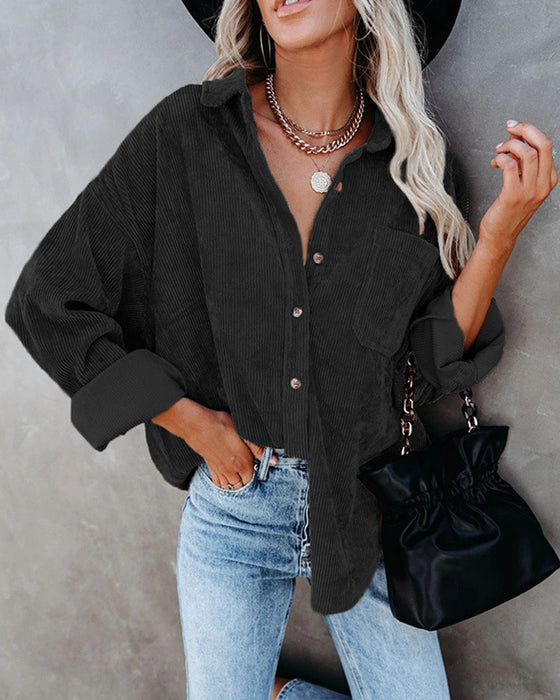 Solid Color Corduroy Pocket Blouse