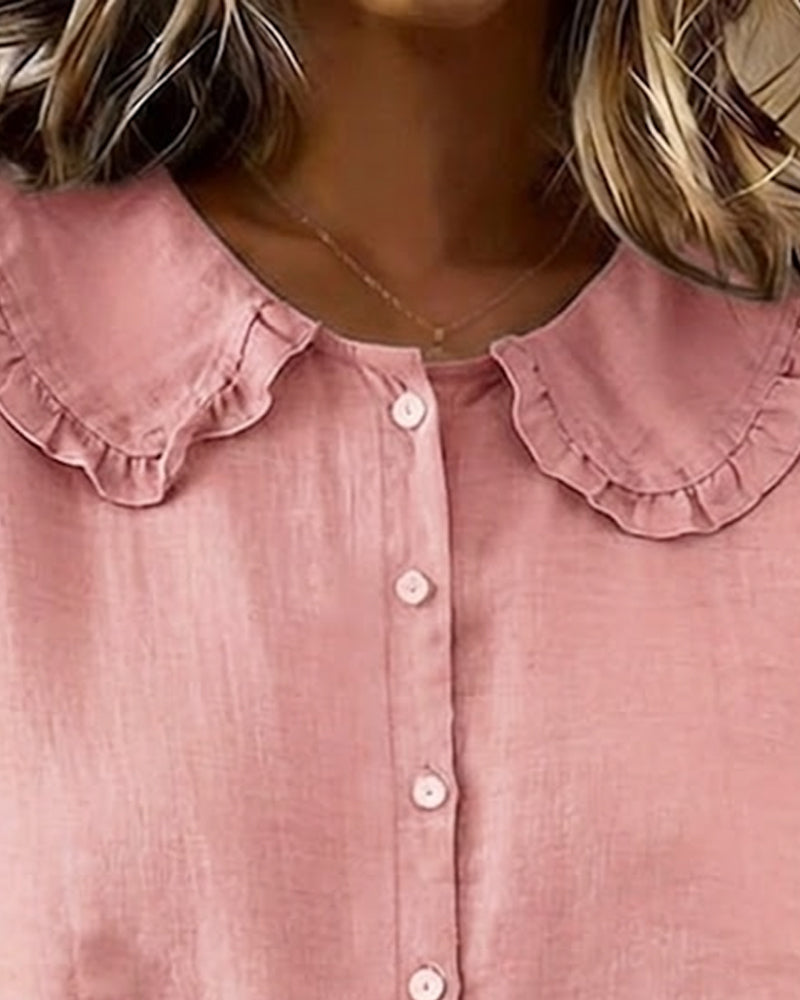 Peter Pan Collar Cotton Linen Ruffled Button-Front Shirt