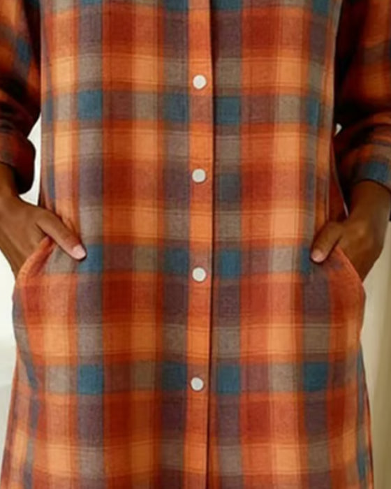 Lapel Plaid Button-Down Shirt Dress
