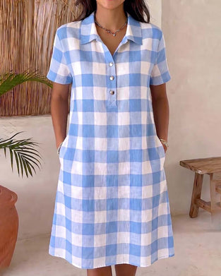 Lapel Blue and White Check Dress