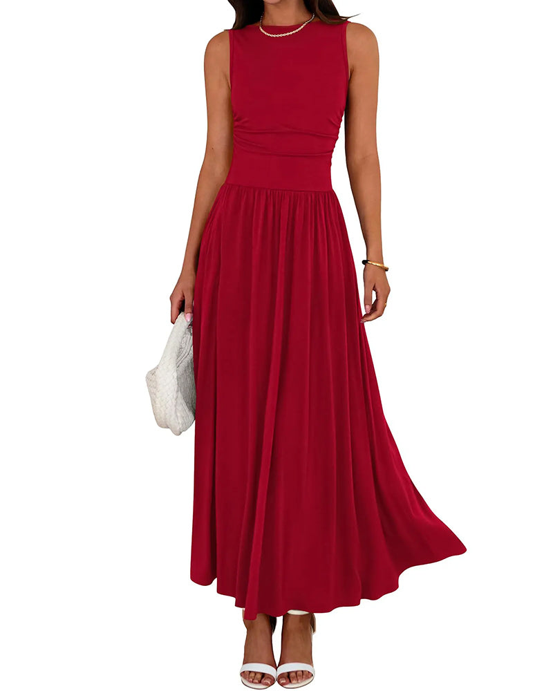 Sleeveless Ruched Pocket Long Dress