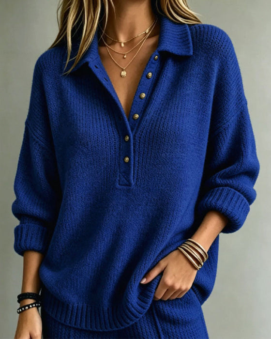 Lapel Buttoned Solid Color Pullover