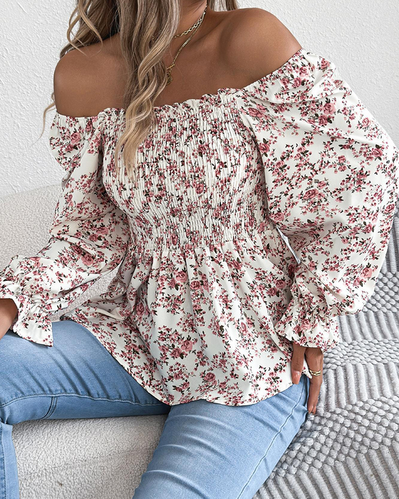 Square Neck Smocked Floral Ruffle Blouse