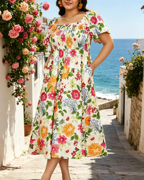 Square Neck Large Floral Midi Dress