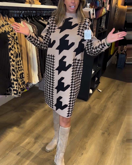 Houndstooth long sleeve dress