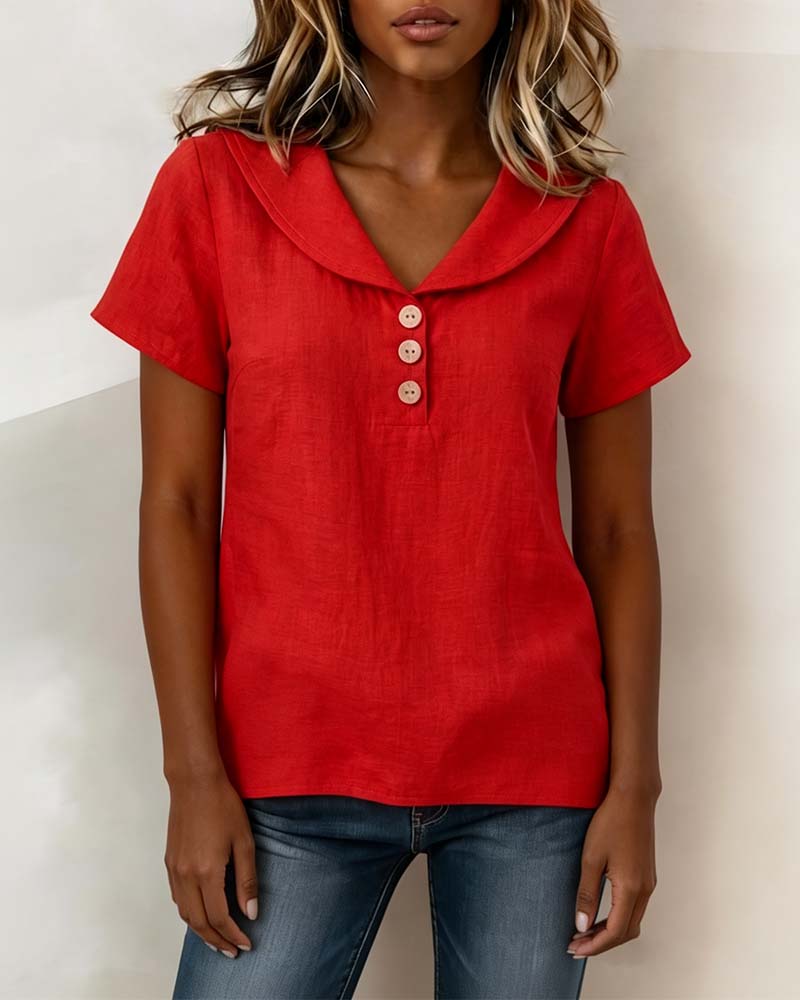 V Neck Peter Pan Collar Button Short Sleeve T-shirt