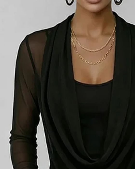 Mesh Layered Cowl Neck Long Sleeve Two-Piece Set