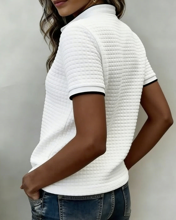 Waffle-Knit Button-Down Short-Sleeved Top