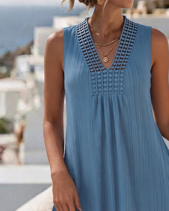 V-Neck Striped Ruched Solid Sleeveless Dress