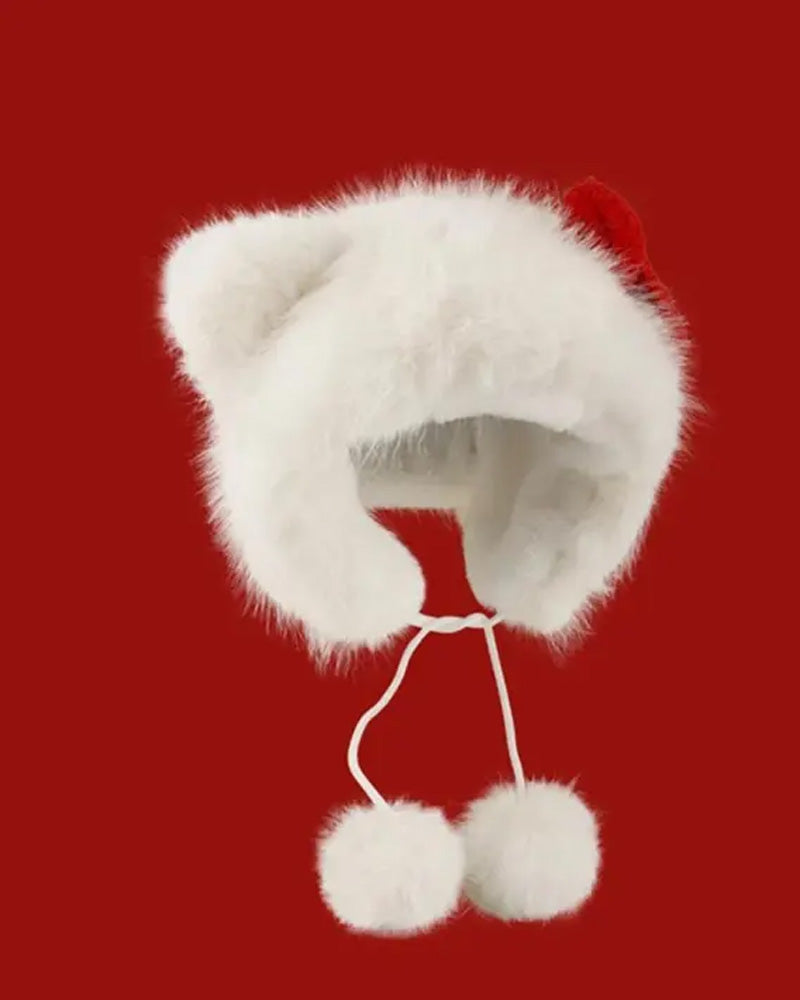 Cute Cat Ear Design Pom Pom Decor Plush Hat