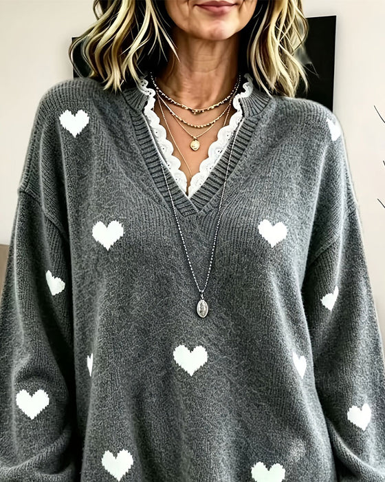 Heart Print V-Neck Pullover