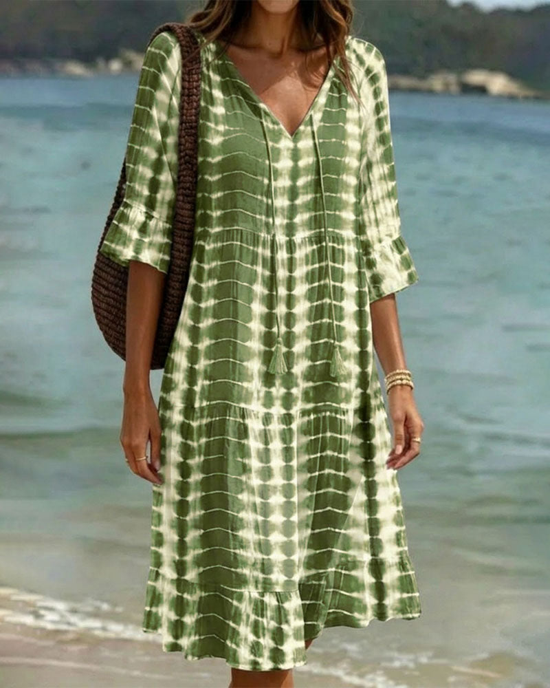 V-Neck Gradient Print Vacation Dress