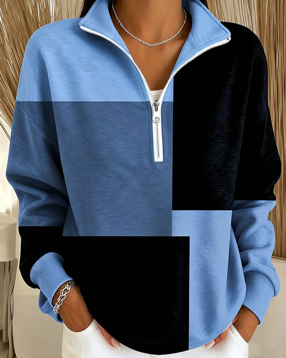 Checkered Colorblock Zip Stand-Collar Sweatshirt