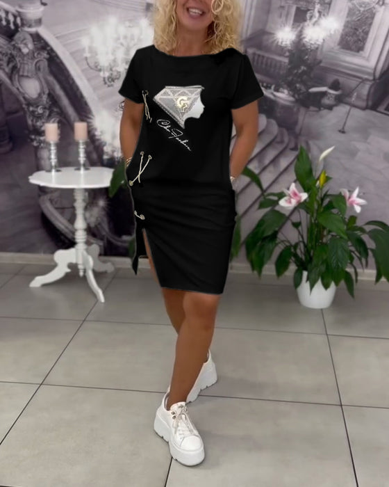 Printed Fitted Slit Dress